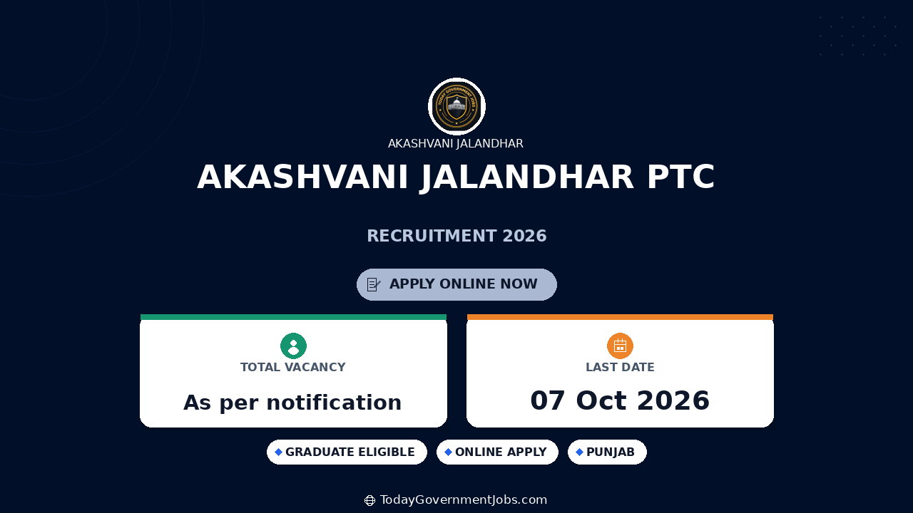 Akashvani Jalandhar PTC Recruitment 2026: Apply Offline