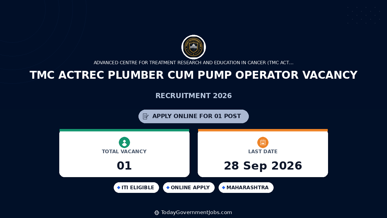 TMC ACTREC Plumber cum Pump Operator Vacancy 2026