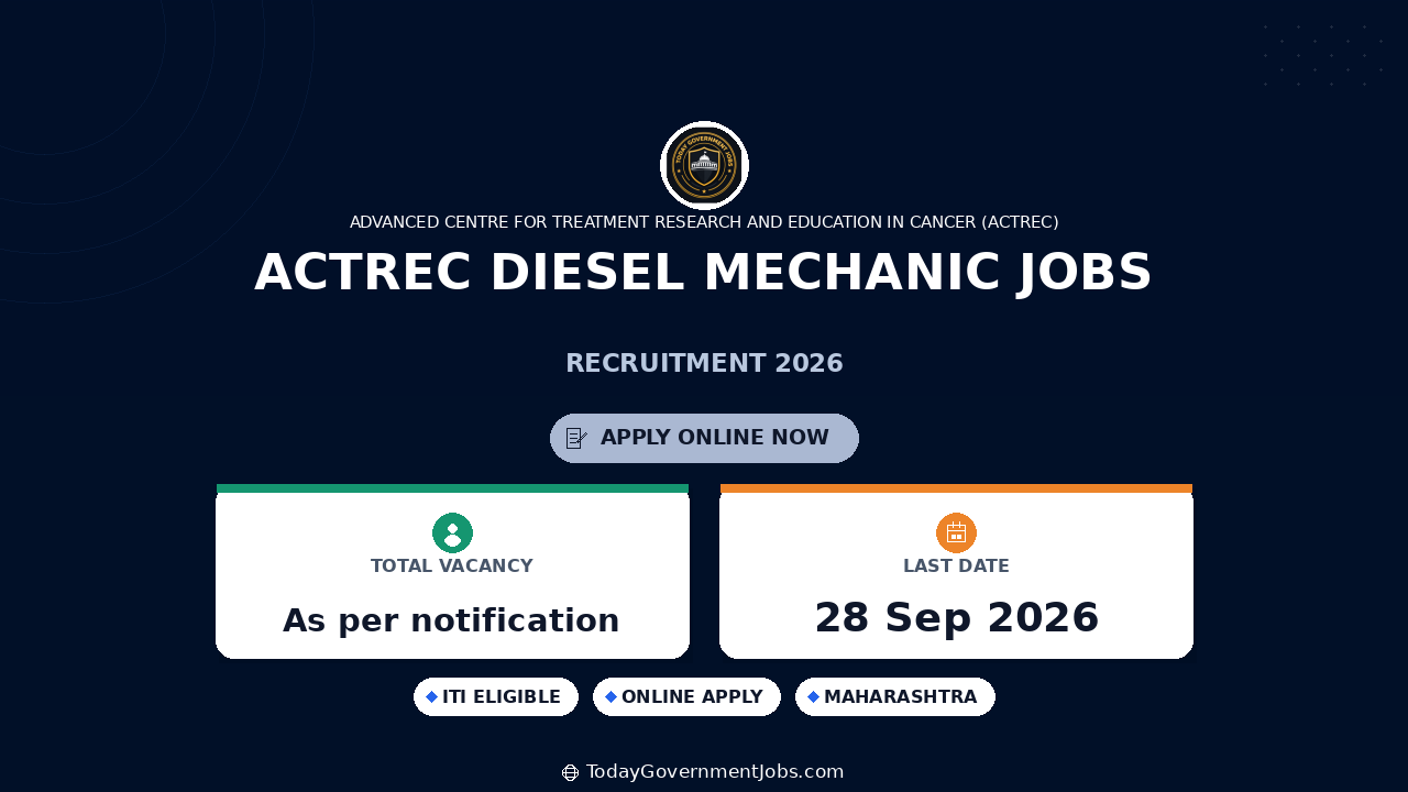 ACTREC Diesel Mechanic Jobs 2026: Apply by 28 Sep