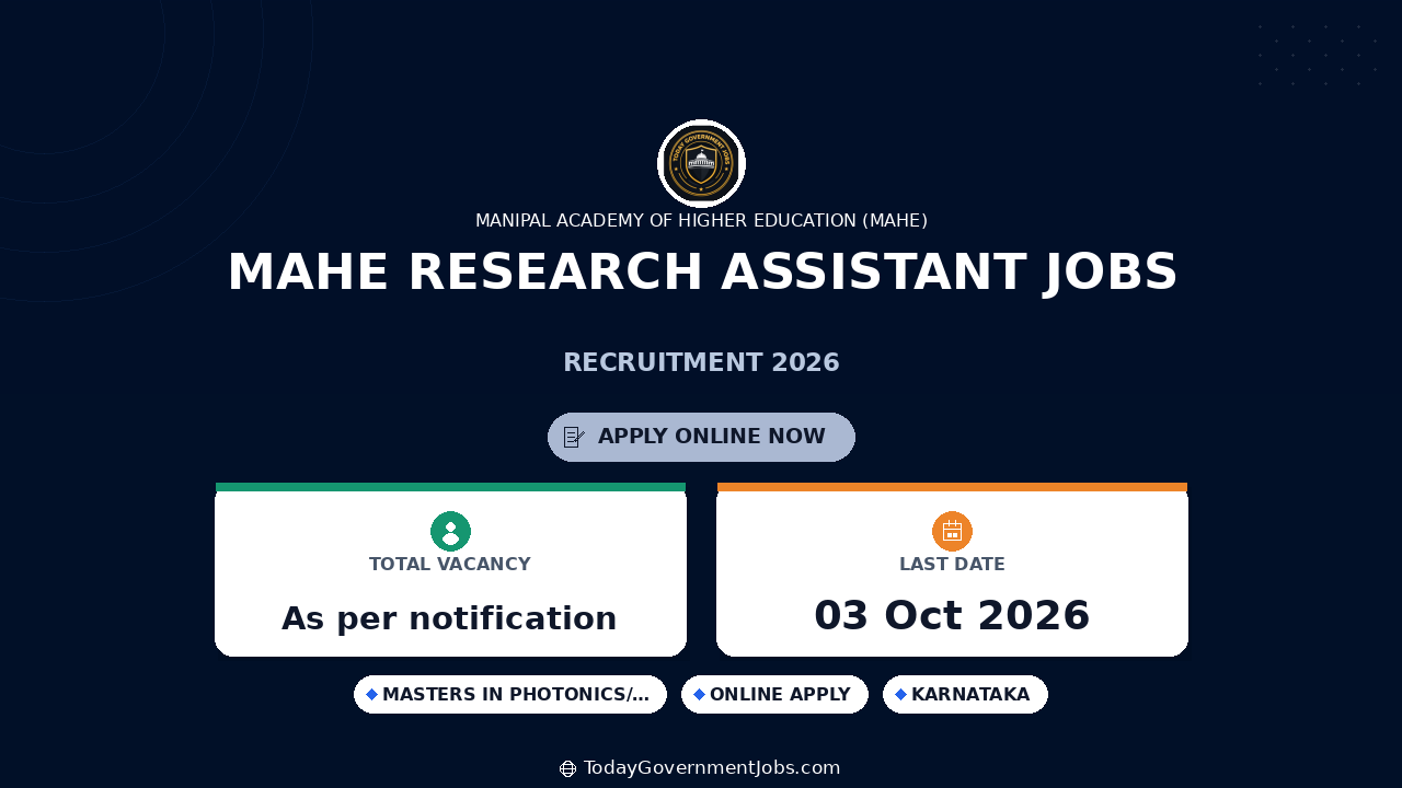 MAHE Research Assistant Jobs 2026: Apply by Oct