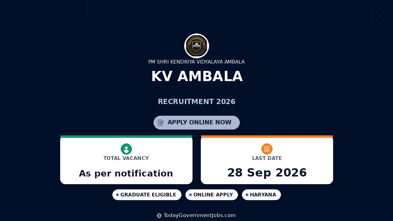 KV Ambala Recruitment 2026: PGT, TGT, Counselor Jobs