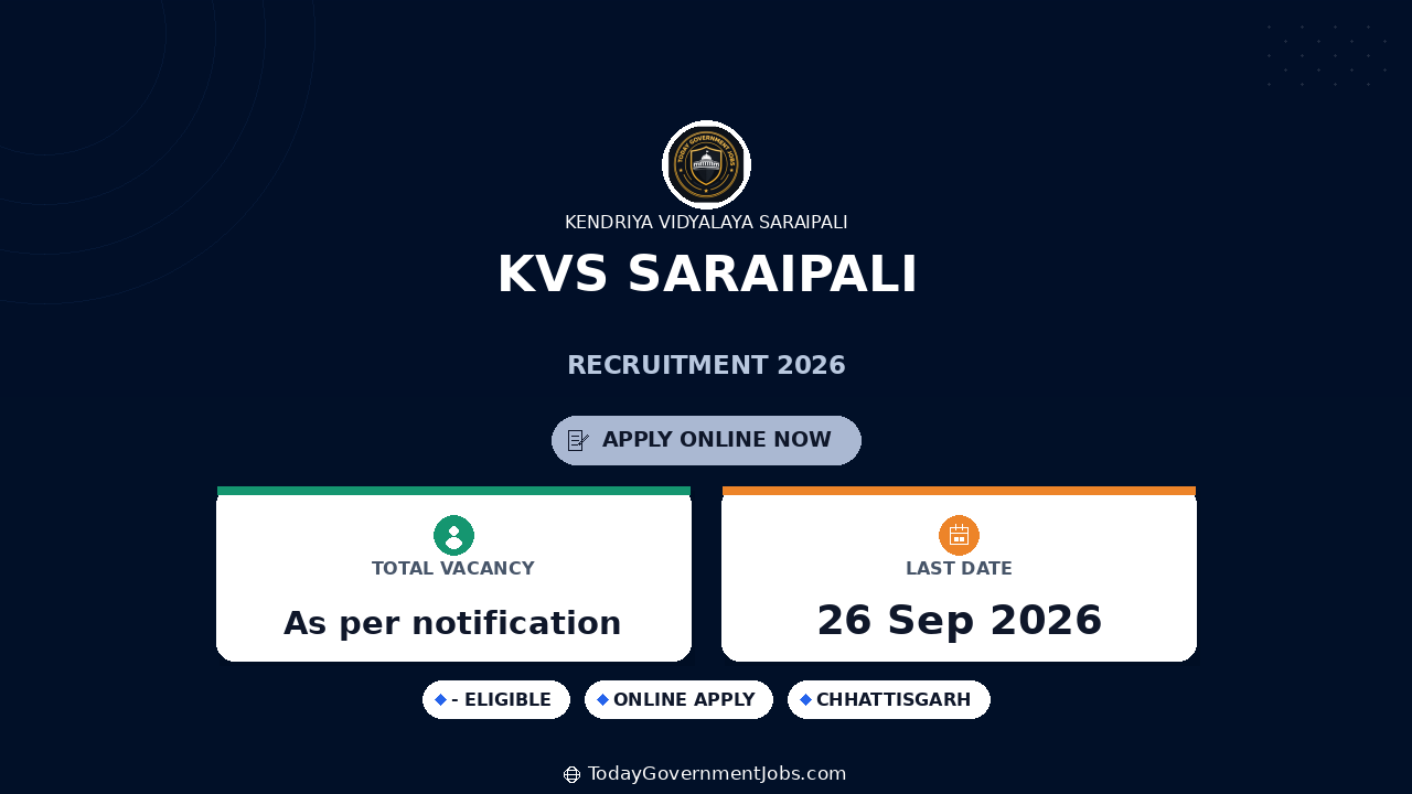KVS Saraipali Recruitment 2026: Special Educator, Counsellor Walk-in