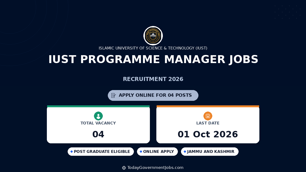 IUST Programme Manager Jobs 2026: Apply Online
