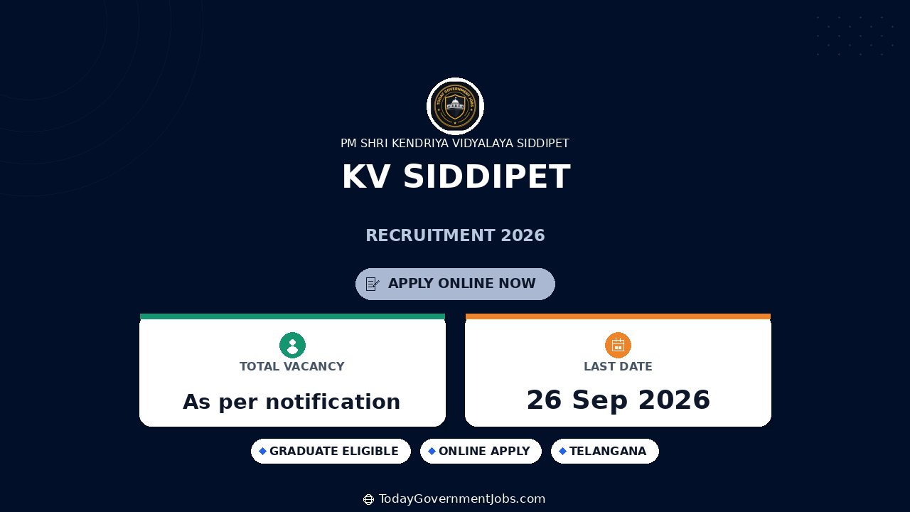 KV Siddipet Recruitment 2026: PGT, TGT, PRT Walk-in Interview