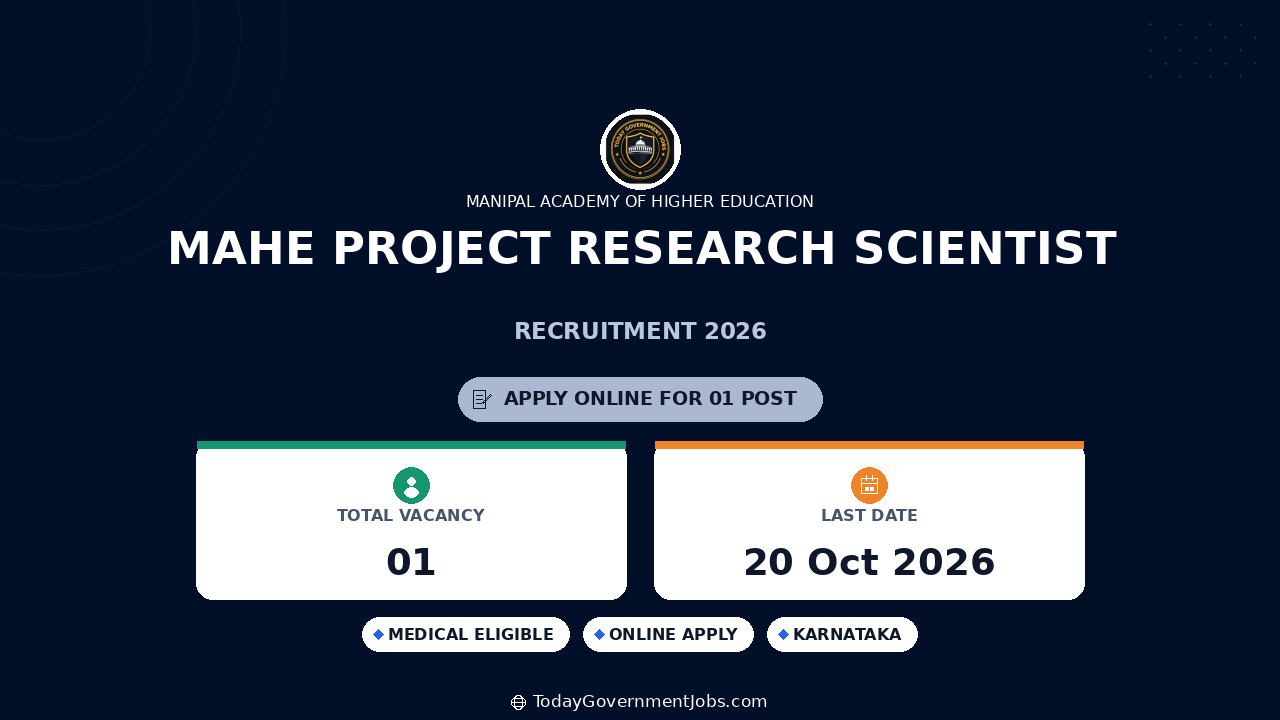MAHE Project Research Scientist Recruitment 2026: Apply Online