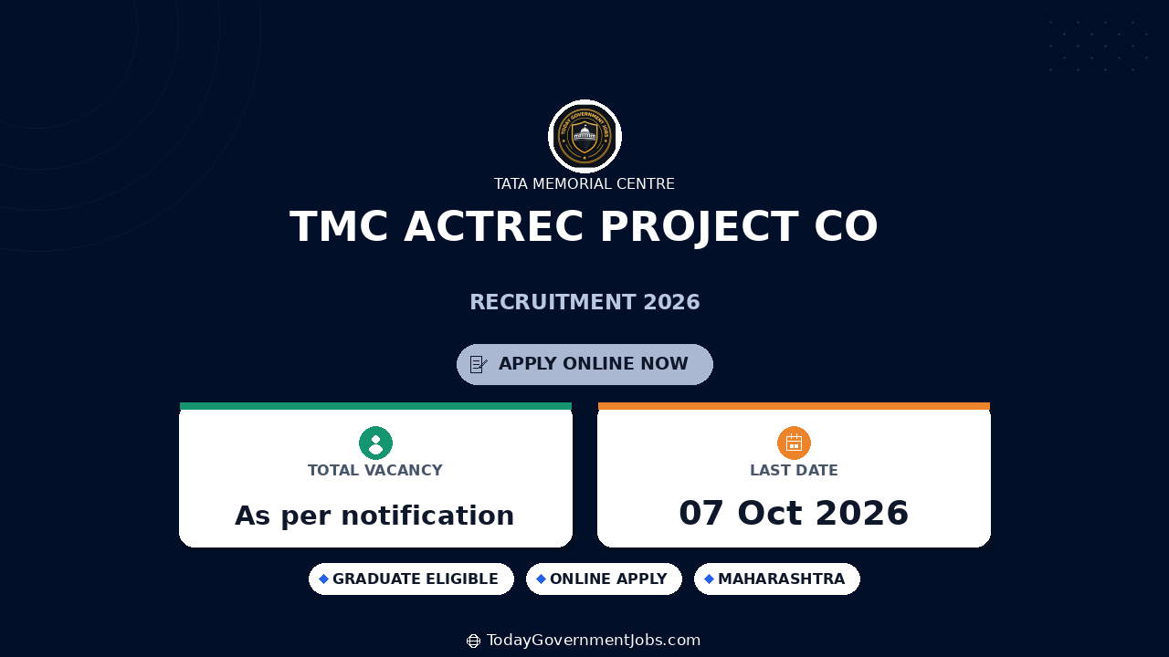 TMC ACTREC Project Co-ordinator Jobs 2026 - Walk-in