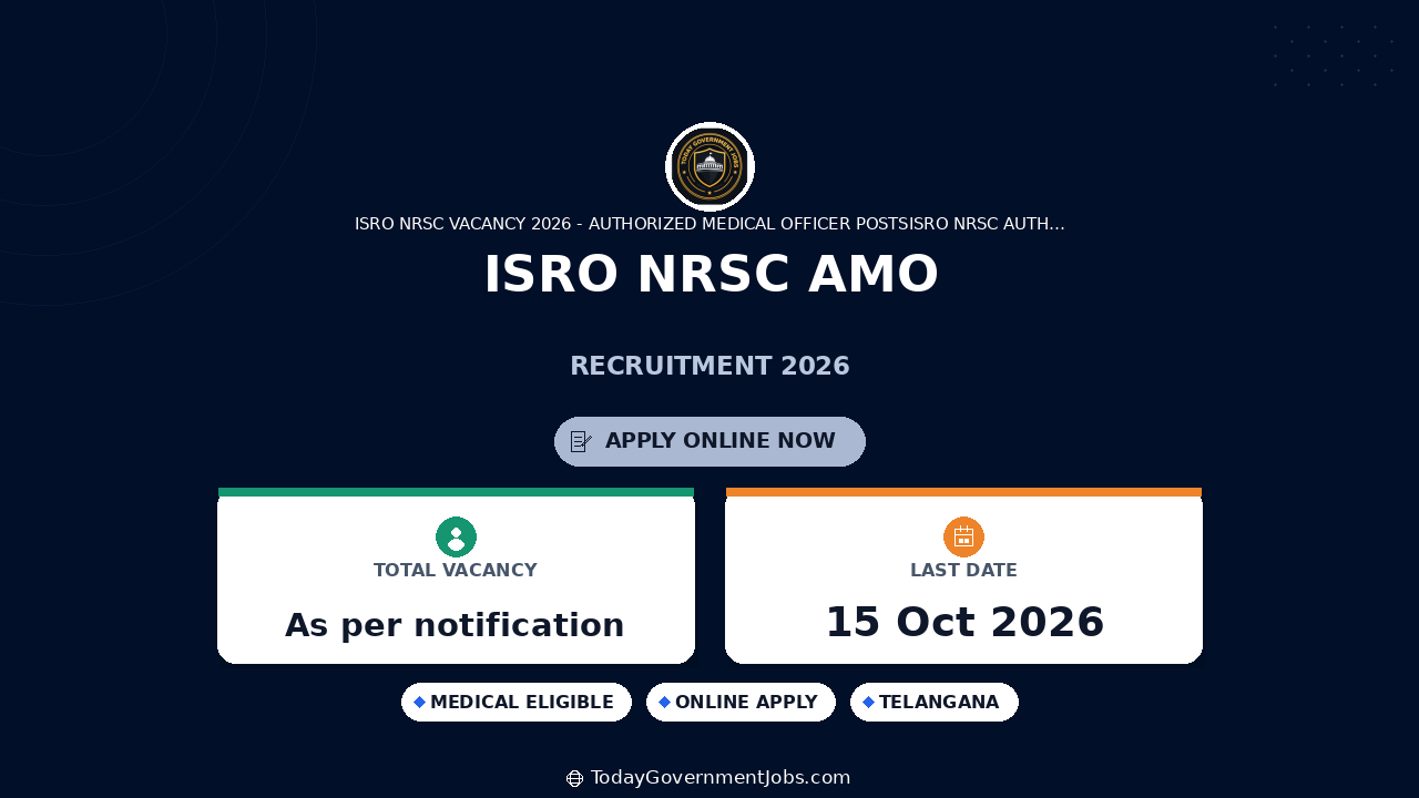 ISRO NRSC AMO Recruitment 2026: Apply for Medical Officer Post