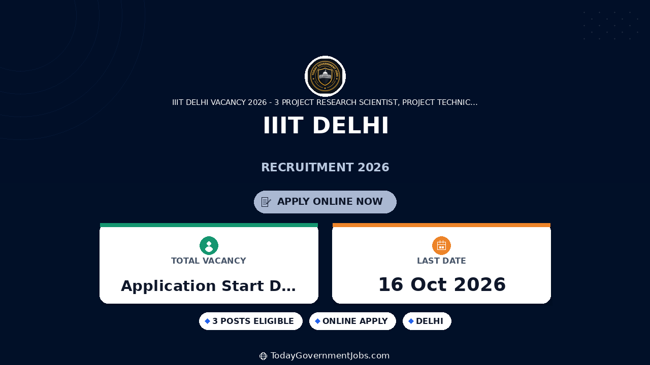 IIIT Delhi Recruitment 2026: 3 Project Posts, Apply by Oct