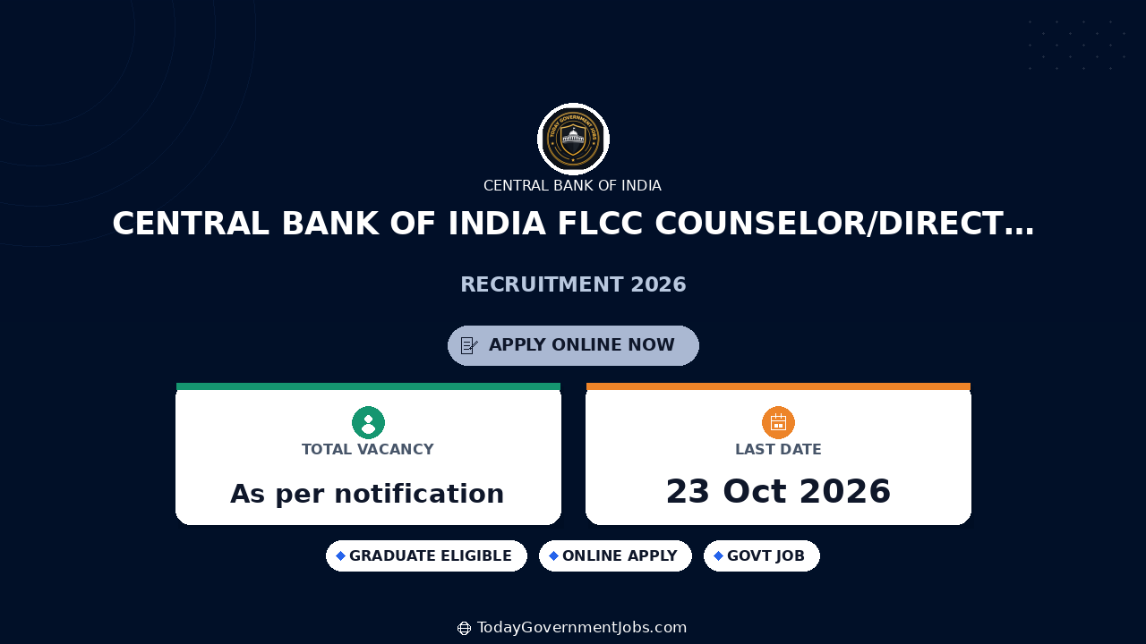 Central Bank of India FLCC Counselor/Director Recruitment 2026