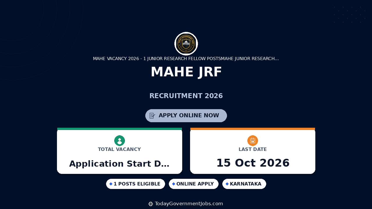 MAHE JRF Recruitment 2026: Apply by Oct