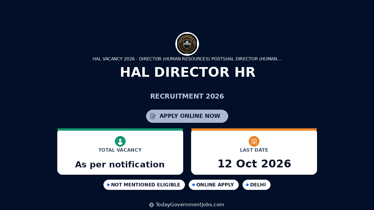 HAL Director HR Recruitment 2026: Apply by Oct