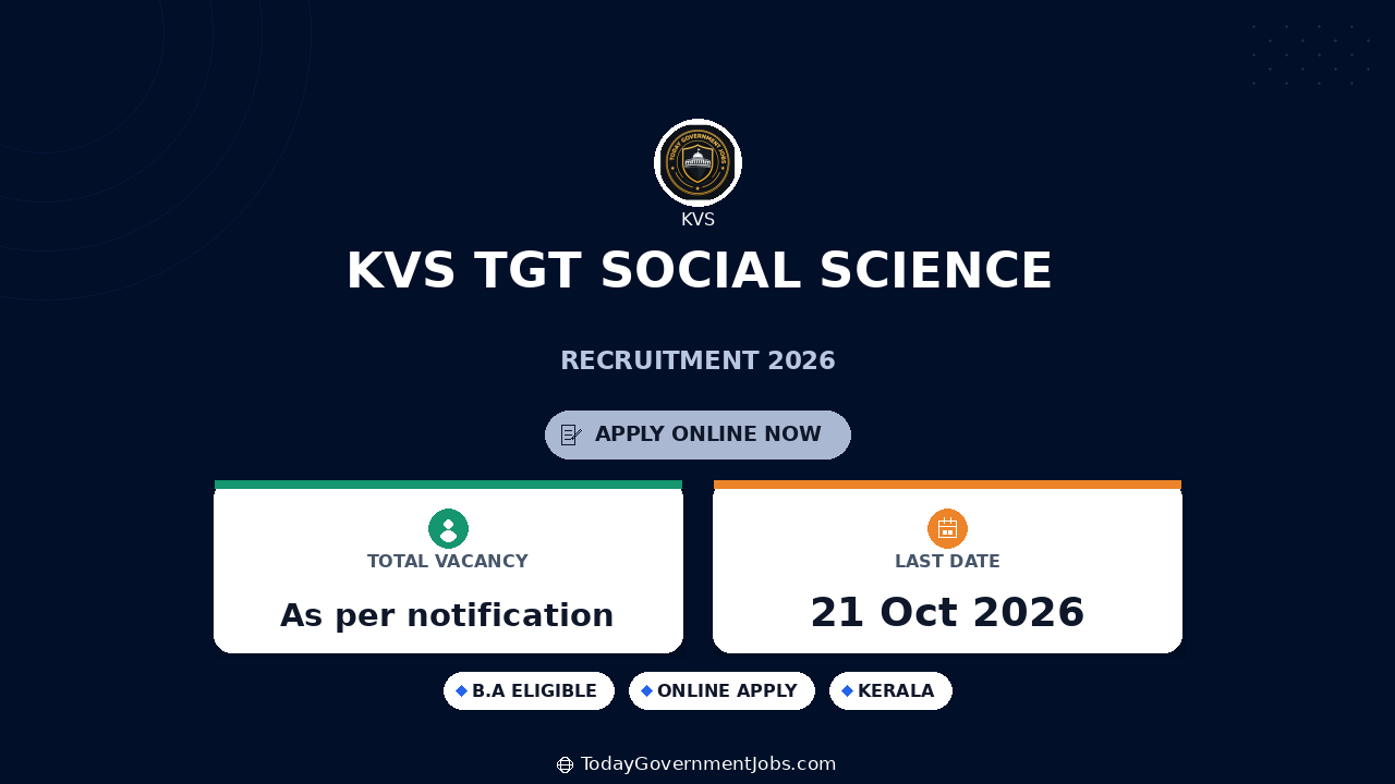 KVS TGT Social Science Recruitment 2026: Walk-in Oct