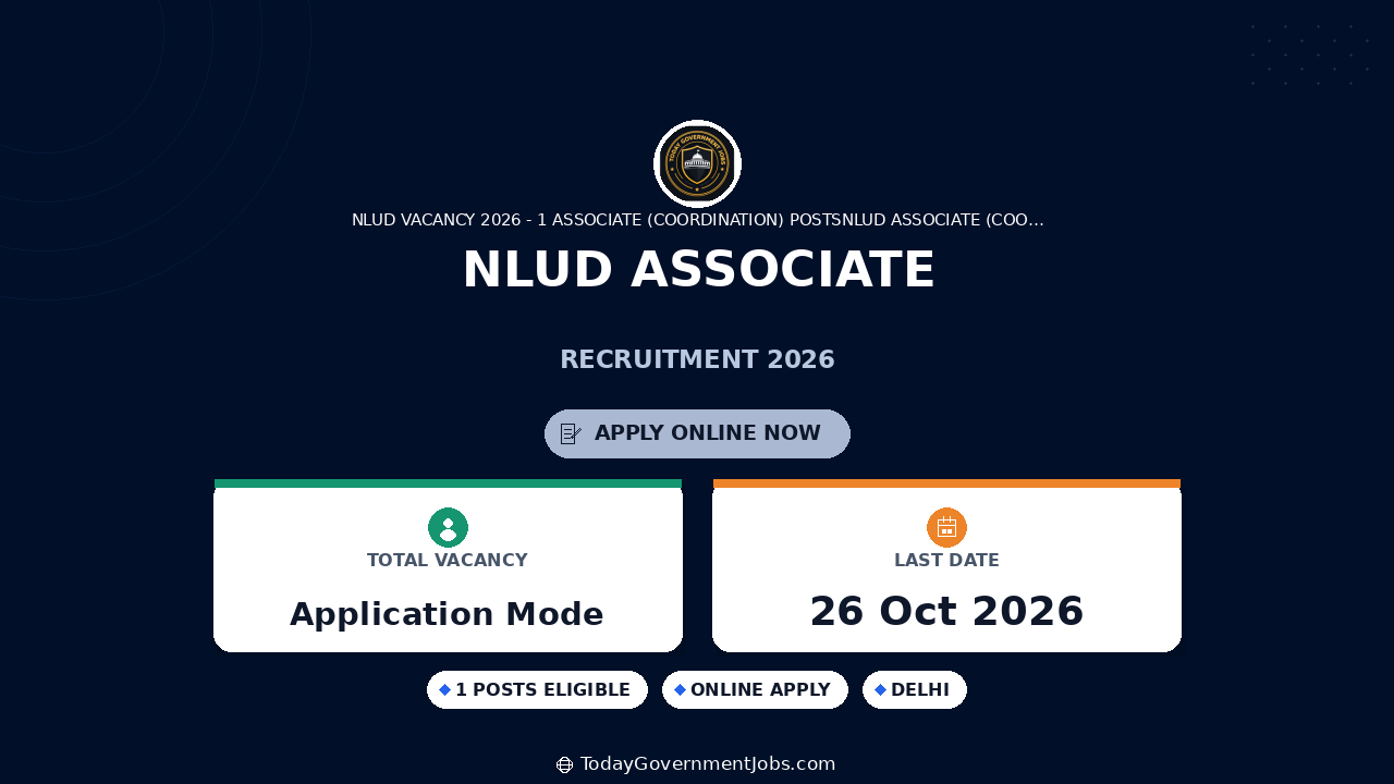 NLUD Associate Recruitment 2026: Apply for 1 Post