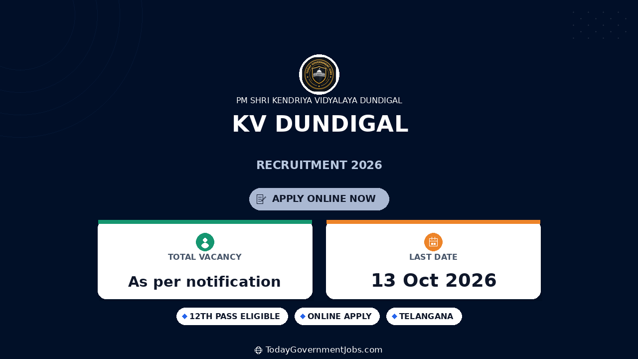 KV Dundigal Recruitment 2026: Walk-in for 8 Posts