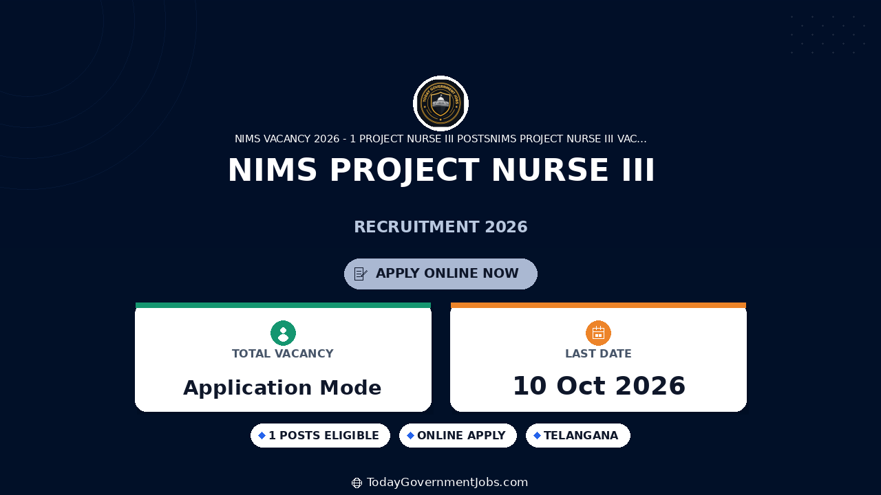 NIMS Project Nurse III Recruitment 2026