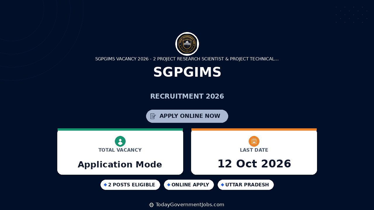 SGPGIMS Recruitment 2026: Apply for 2 Posts