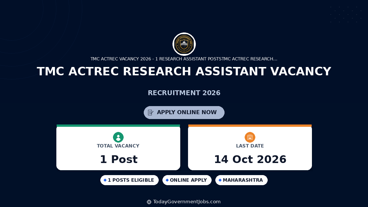TMC ACTREC Research Assistant Vacancy 2026: Walk-in