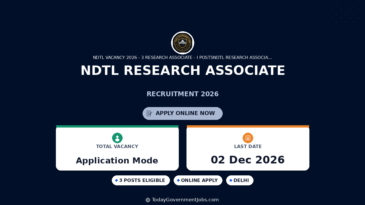 NDTL Research Associate Recruitment 2026: Apply for 3 Posts