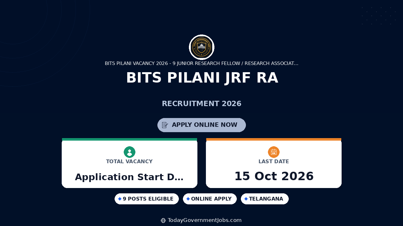 BITS Pilani JRF RA-I Recruitment 2026: Apply by Oct
