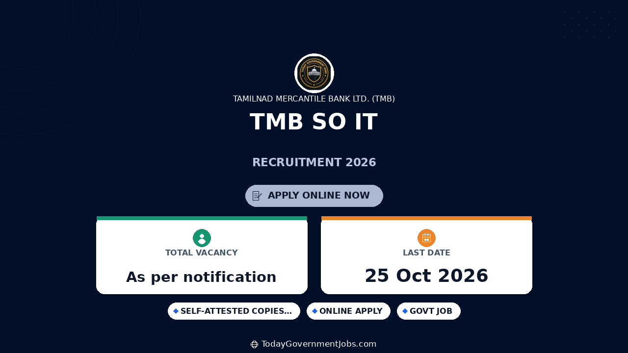 TMB SO IT Recruitment 2026: Apply by Oct