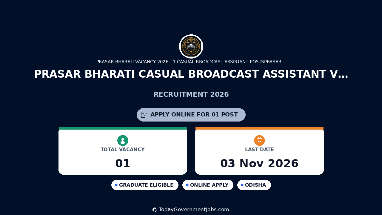 Prasar Bharati Casual Broadcast Assistant Vacancy 2026