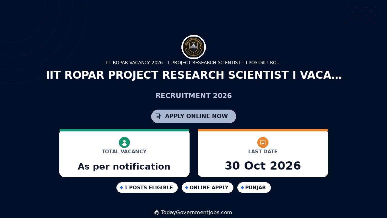 IIT Ropar Project Research Scientist I Vacancy 2026